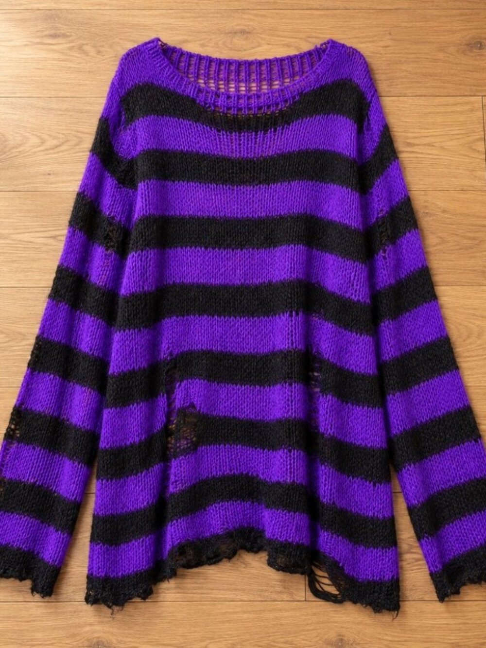 Purple and black striped distressed sweater - grunge punk oversized knit